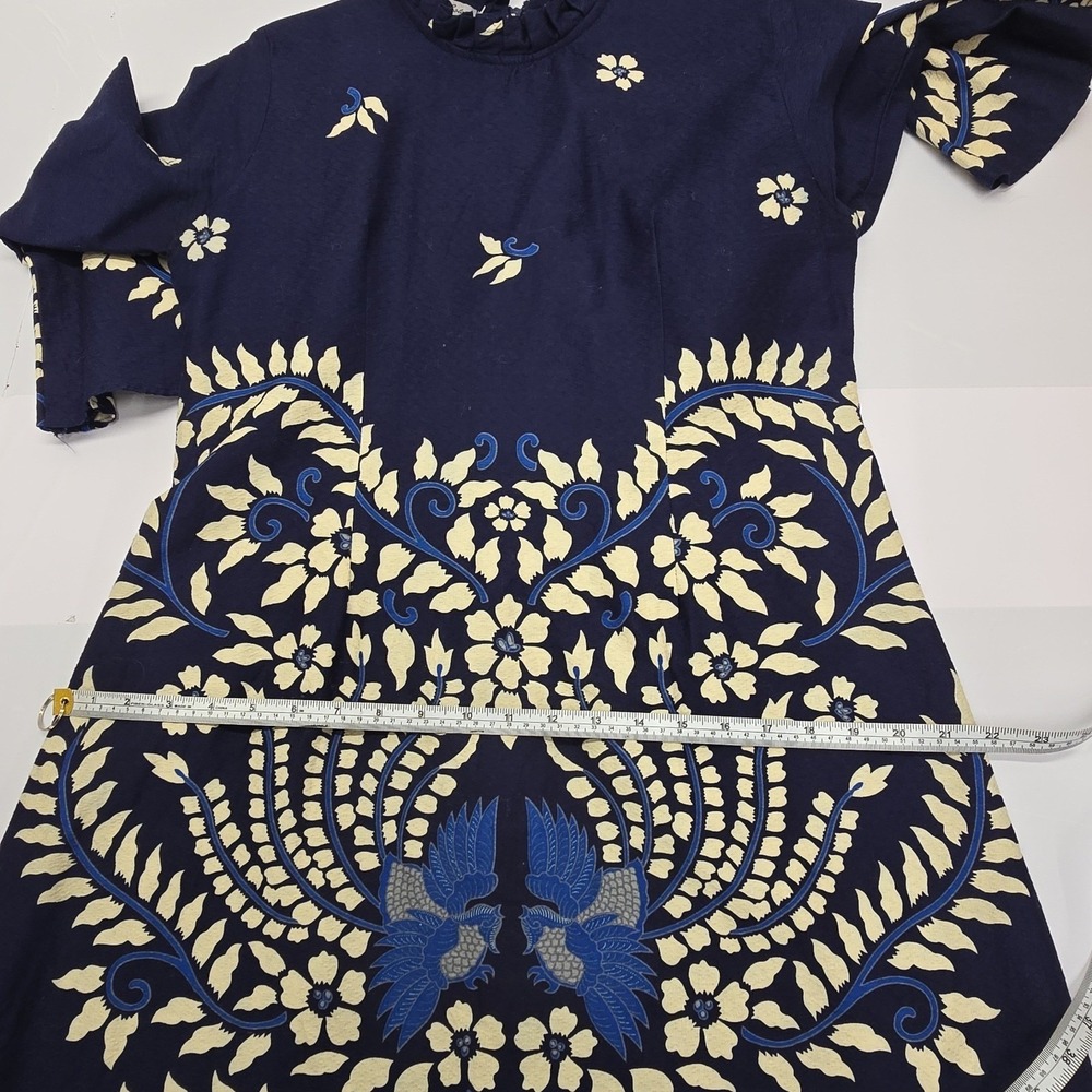 Bali Lestari Navy Blue Batik Floral Bird Print Bell Sleeve Mini Dress Large - Picture 8 of 8